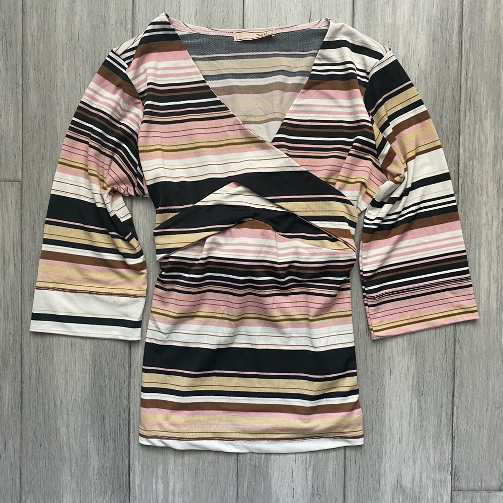 Vol. 1 Vintage Striped Wrap Front Women’s Top in Pink Black & Cream